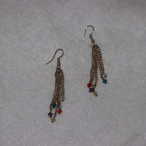 Dangle drop chain link earrings, rainbow colorful fun beads on chain ends - Picture 2 of 7